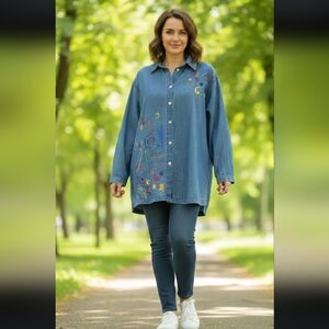 Vtg A.P.Collection 100% Cotton Embroided Denim Shirt Shacket 3X